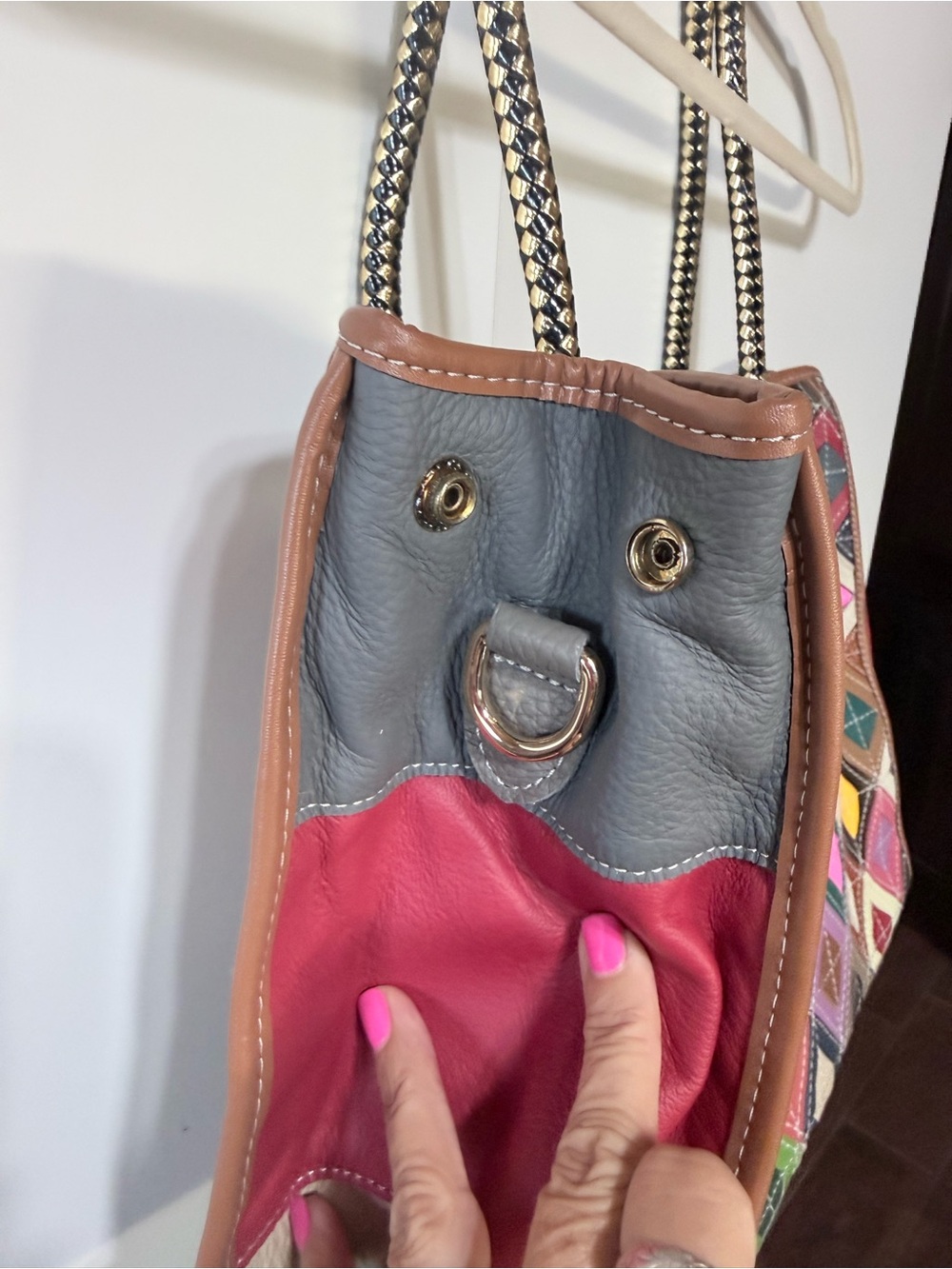 Multicolor Diamond Patchwork Leather Tote Bag - Picture 3 of 9